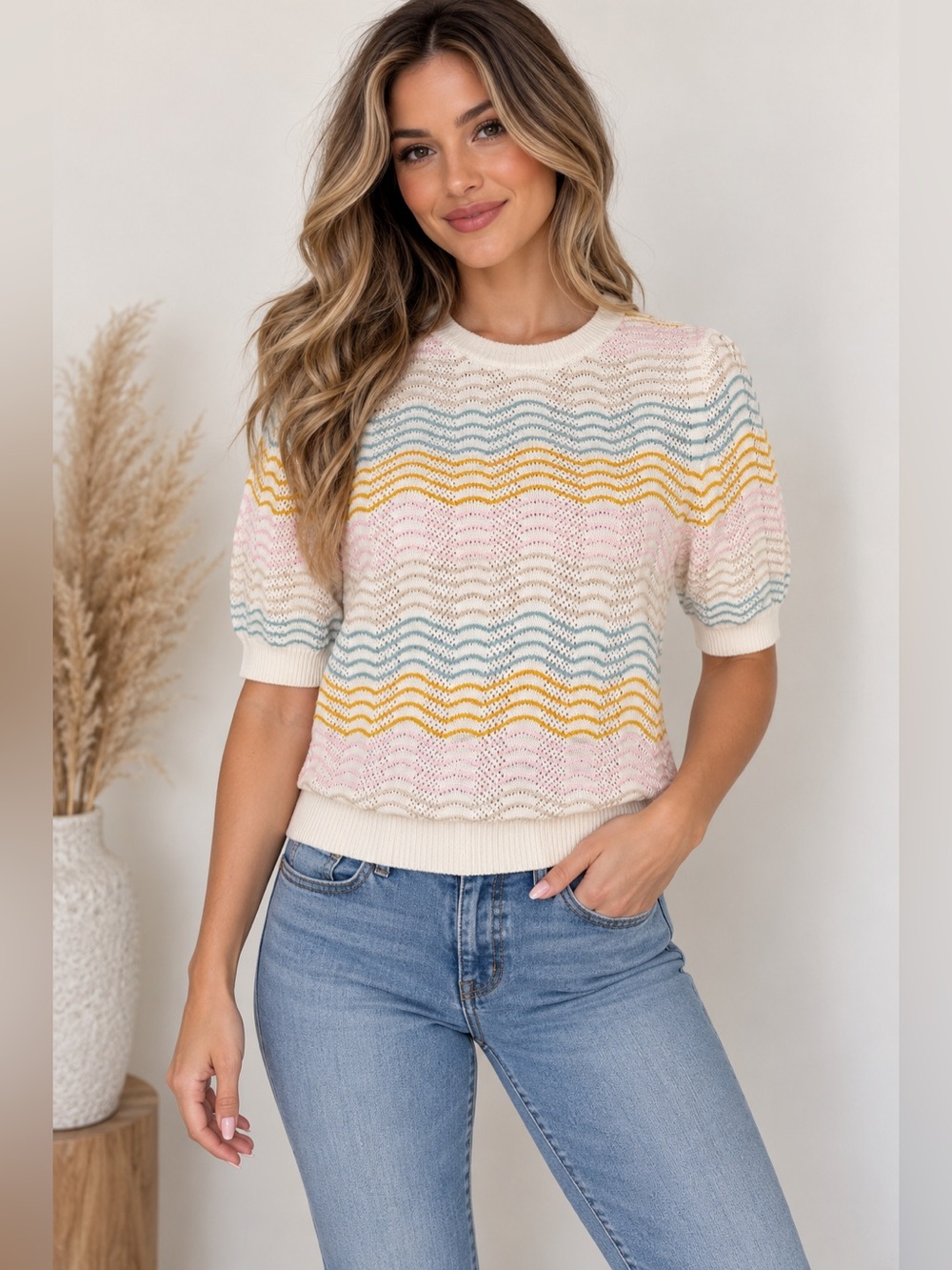 LOFT Cream Knit Short-Sleeve Top with Pastel Stripes